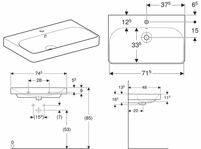 GEBERIT SMYLE SQUARE umývadlo 75 cm, s otvorom pre batériu a prepadom 500.249.01.1 Technický nákres
