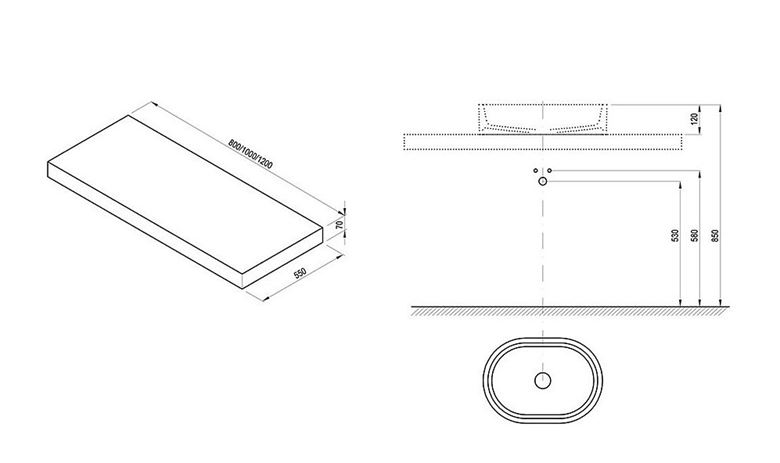 RAVAK doska pod umývadlo 120x55x7 cm, orech X000000847 Technický nákres