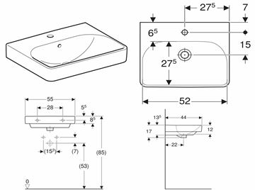 GEBERIT SMYLE SQUARE umývadlo 55 cm, s otvorom pre batériu a prepadom 500.259.01.1 Technický nákres