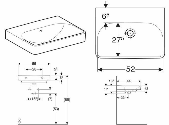 GEBERIT SMYLE SQUARE umývadlo 55 cm, s prepadom 501.574.00.1 Technický nákres