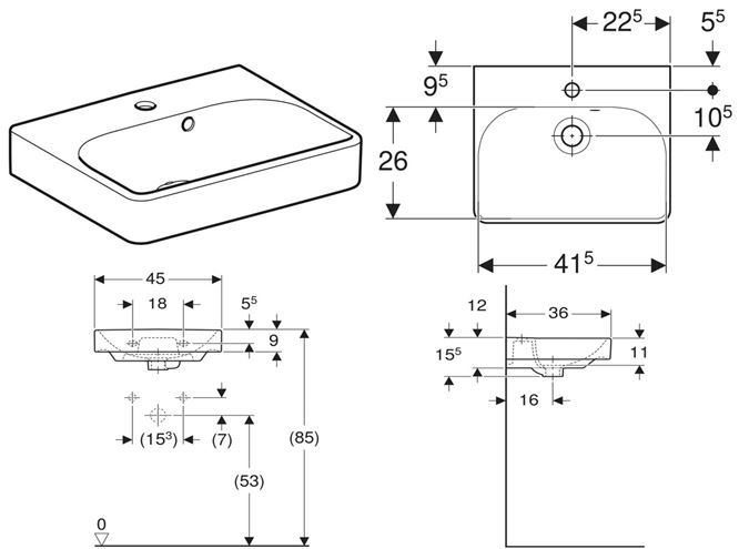 GEBERIT SMYLE SQUARE umývadielko 45 cm, s otvorom pre batériu a prepadom 500.222.01.1 Technický nákres