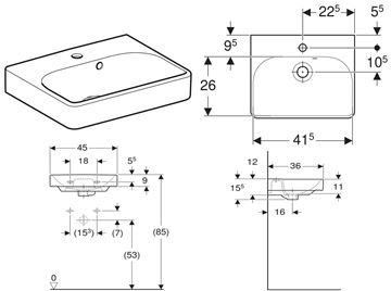 GEBERIT SMYLE SQUARE umývadielko 45 cm, s otvorom pre batériu a prepadom 500.222.01.1 Technický nákres