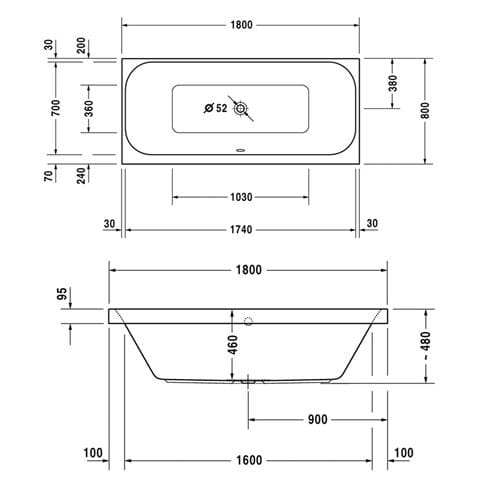 DURAVIT HAPPY D.2 vaňa 180x80 cm, pre 2 osoby, bez nožičiek, akrylát 700314000000000 Technický nákres