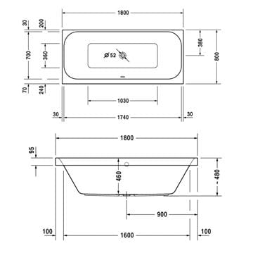 DURAVIT HAPPY D.2 vaňa 180x80 cm, pre 2 osoby, bez nožičiek, akrylát 700314000000000 Technický nákres