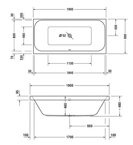 DURAVIT HAPPY D.2 vaňa 190x90 cm, pre 2 osoby, bez nožičiek, akrylát 700315000000000 Technický nákres