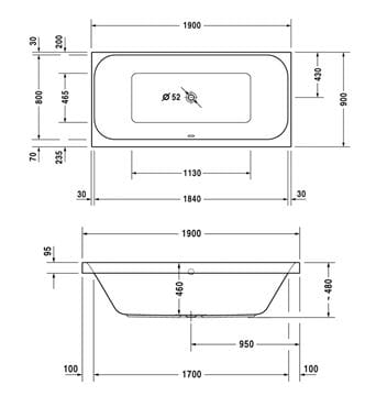 DURAVIT HAPPY D.2 vaňa 190x90 cm, pre 2 osoby, bez nožičiek, akrylát 700315000000000 Technický nákres