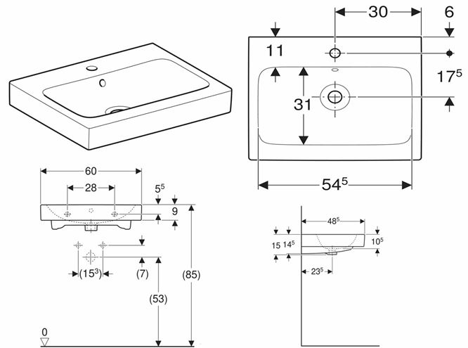 GEBERIT ICON umývadlo 60 cm, s otvorom pre batériu a prepadom 124060000 Technický nákres