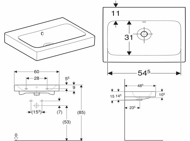 GEBERIT ICON umývadlo 60 cm, s prepadom, KeraTect 124063600 Technický nákres