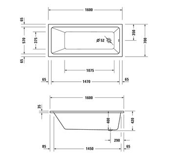 DURAVIT NO.1 vaňa 160x70 cm, bez nožičiek, akrylát 700488000000000 Technický nákres