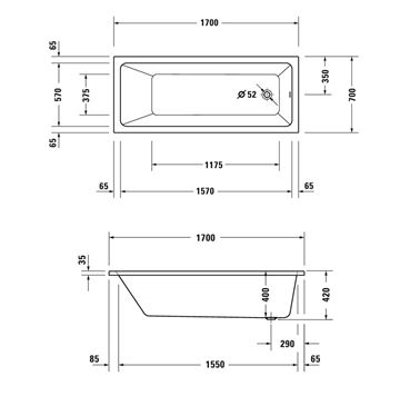 DURAVIT NO.1 vaňa 170x70 cm, bez nožičiek, akrylát 700489000000000 Technický nákres