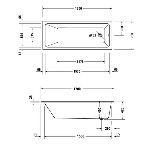 DURAVIT NO.1 vaňa 170x70 cm, bez nožičiek, akrylát 700489000000000 Technický nákres