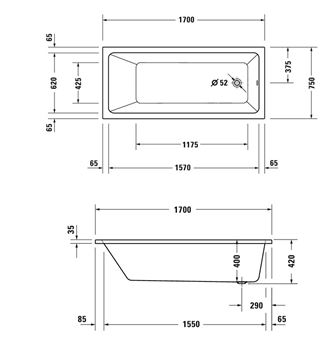 DURAVIT NO.1 vaňa 170x75 cm, bez nožičiek, akrylát 700490000000000 Technický nákres