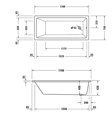 DURAVIT NO.1 vaňa 170x75 cm, bez nožičiek, akrylát 700490000000000 Technický nákres