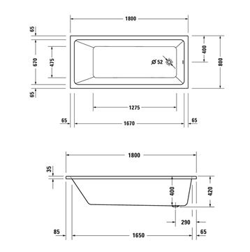 DURAVIT NO.1 vaňa 180x80 cm, bez nožičiek, akrylát 700491000000000 Technický nákres