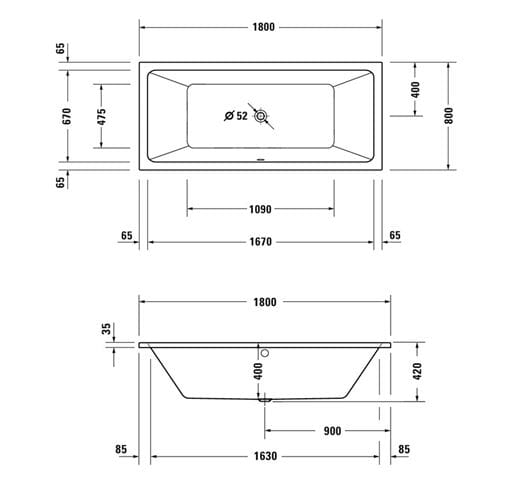 DURAVIT NO.1 vaňa 180x80 cm, pre 2 osoby, bez nožičiek, akrylát 700492000000000 Technický nákres