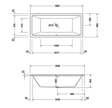 DURAVIT NO.1 vaňa 180x80 cm, pre 2 osoby, bez nožičiek, akrylát 700492000000000 Technický nákres