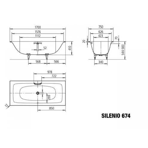 KALDEWEI SILENIO 674 vaňa 170x75 cm, bez nožičiek, smaltovaná oceľ 267400010001 Technický nákres