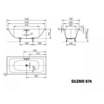 KALDEWEI SILENIO 674 vaňa 170x75 cm, bez nožičiek, smaltovaná oceľ 267400010001 Technický nákres