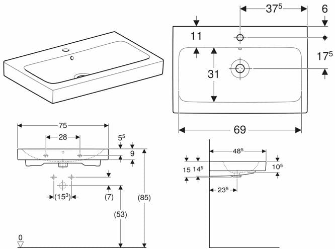 GEBERIT ICON umývadlo 75 cm, s otvorom pre batériu a prepadom 124075000 Technický nákres