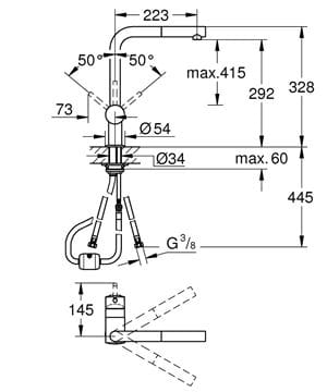 GROHE MINTA drezová batéria, s vyťahovacou sprškou, chróm 32168000 Technický nákres