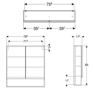 GEBERIT SELNOVA SQUARE zrkadlová skrinka 78,8x85x17,5 cm, drevotrieska, vysoko lesklá biela 501.268.00.1 Technický nákres