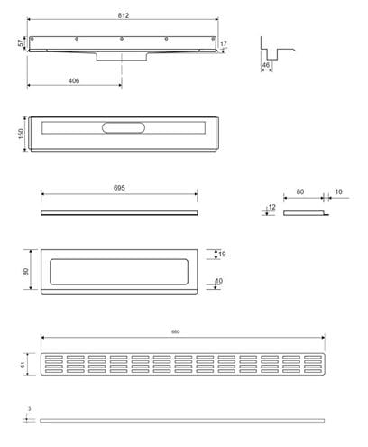UNIDRAIN 4011 sprchový žľab 700 mm, bočný odtok DN 50, rošt STRIPE, nerez oceľ 4011.0700 Technický nákres