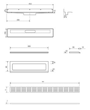 UNIDRAIN 4011 sprchový žľab 700 mm, bočný odtok DN 50, rošt STRIPE, nerez oceľ 4011.0700 Technický nákres
