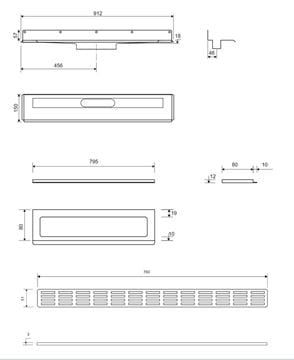 UNIDRAIN 4011 sprchový žľab 800 mm, bočný odtok DN 50, rošt STRIPE, nerez oceľ 4011.0800 Technický nákres