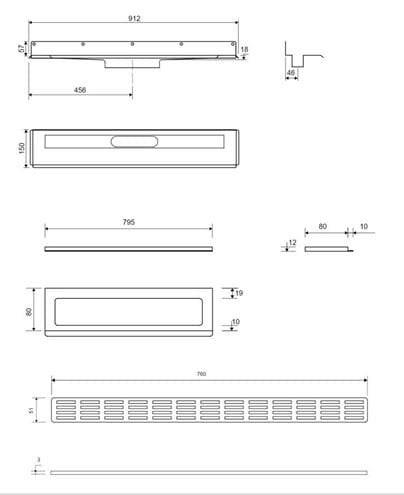 UNIDRAIN 4011 sprchový žľab 800 mm, bočný odtok DN 50, rošt STRIPE, nerez oceľ 4011.0800 Technický nákres