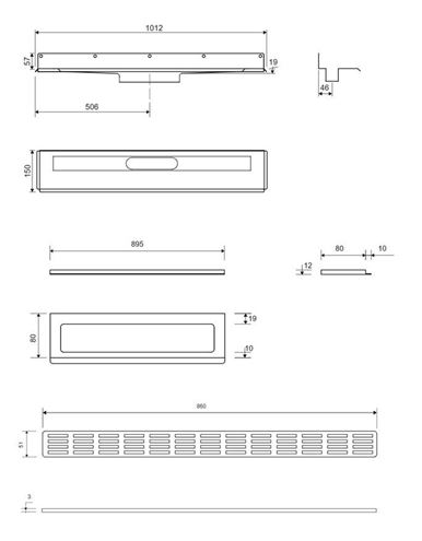 UNIDRAIN 4011 sprchový žľab 900 mm, bočný odtok DN 50, rošt STRIPE, nerez oceľ 4011.0900 Technický nákres
