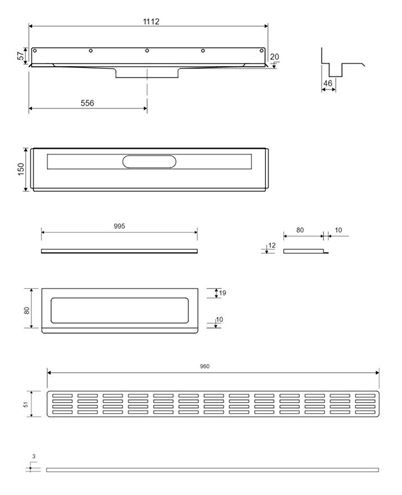 UNIDRAIN 4011 sprchový žľab 1000 mm, bočný odtok DN 50, rošt STRIPE, nerez oceľ 4011.1000 Technický nákres