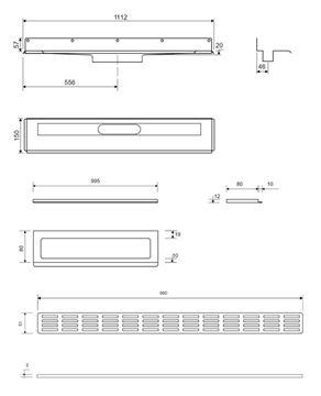 UNIDRAIN 4011 sprchový žľab 1000 mm, bočný odtok DN 50, rošt STRIPE, nerez oceľ 4011.1000 Technický nákres