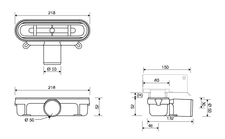 UNIDRAIN 4011 sprchový žľab 1000 mm, bočný odtok DN 50, rošt STRIPE, nerez oceľ 4011.1000 Technický nákres