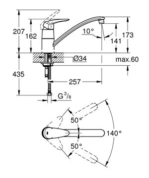 GROHE EURODISC drezová batéria, chróm 33770001 Technický nákres