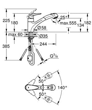 GROHE EURODISC drezová batéria, s vyťahovacou sprškou, chróm 32257001 Technický nákres