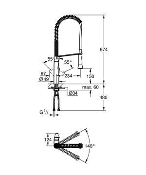GROHE K7 drezová batéria, s flexi ramienkom a sprškou, chróm 32950000 Technický nákres