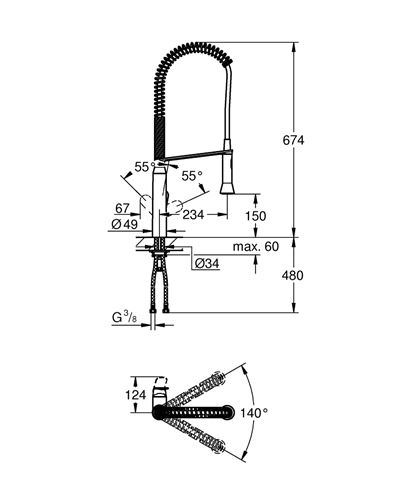 GROHE K7 drezová batéria, s flexi ramienkom a sprškou, chróm 32950000 Technický nákres