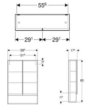 GEBERIT SELNOVA SQUARE zrkadlová skrinka 58,8x85x17,5 cm, drevotrieska, vysoko lesklá biela 501.264.00.1 Technický nákres