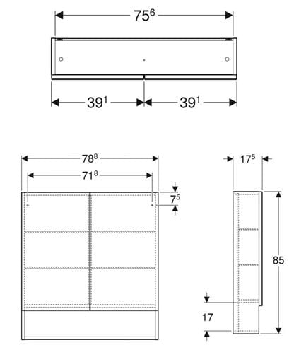 GEBERIT SELNOVA SQUARE zrkadlová skrinka 78,8x85x17,5 cm, drevotrieska, lávová/matný lak 501.269.00.1 Technický nákres