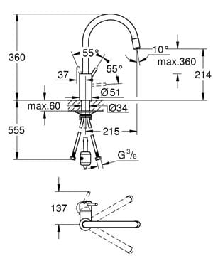 GROHE CONCETTO drezová batéria, s vyťahovacou sprškou, chróm 32663003 Technický nákres