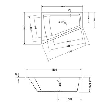 DURAVIT PAIOVA rohová vaňa 180x140 cm, bez nožičiek, akrylát 700216000000000 Technický nákres