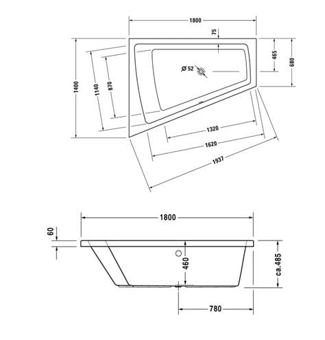 DURAVIT PAIOVA rohová vaňa 180x140 cm, bez nožičiek, akrylát 700216000000000 Technický nákres