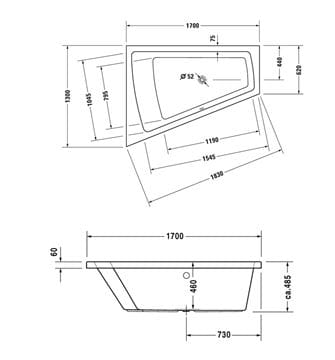 DURAVIT PAIOVA rohová vaňa 170x130 cm, bez nožičiek, akrylát 700214000000000 Technický nákres