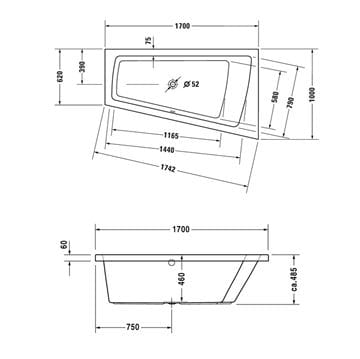 DURAVIT PAIOVA rohová vaňa 170x100 cm, bez nožičiek, akrylát 700213000000000 Technický nákres