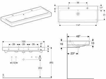 GEBERIT ICON umývadlo 120 cm, s 2 otvormi pre batériu a prepadom, KeraTect 124020600 Technický nákres
