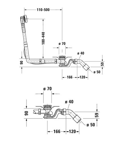 DURAVIT QUADROVAL vaňový sifón 65 cm, bovden, chróm 792202000001000 Technický nákres
