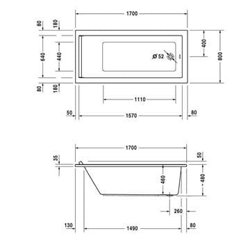 DURAVIT STARCK vaňa 170x80 cm, bez nožičiek, akrylát 700336000000000 Technický nákres