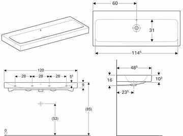GEBERIT ICON umývadlo 120 cm, s prepadom 124025000 Technický nákres