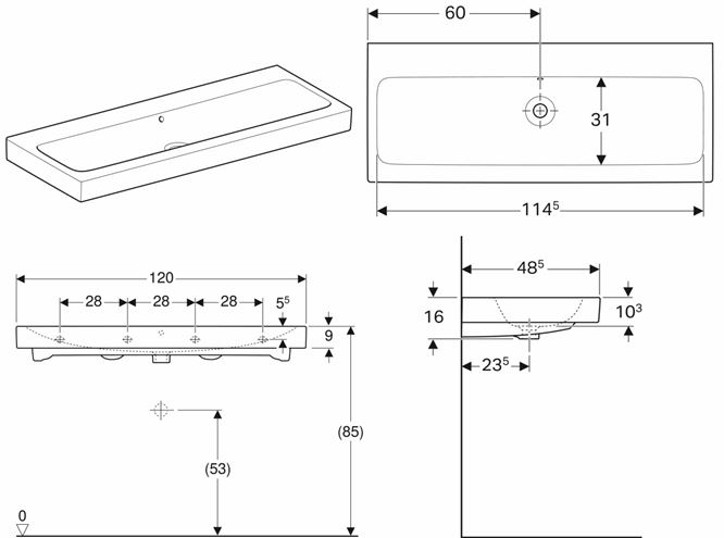 GEBERIT ICON umývadlo 120 cm, s prepadom, KeraTect 124025600 Technický nákres