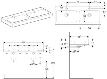 GEBERIT ICON dvojumývadlo 120 cm, s 2 otvormi pre batérie a prepadom, KeraTect 124120600 Technický nákres